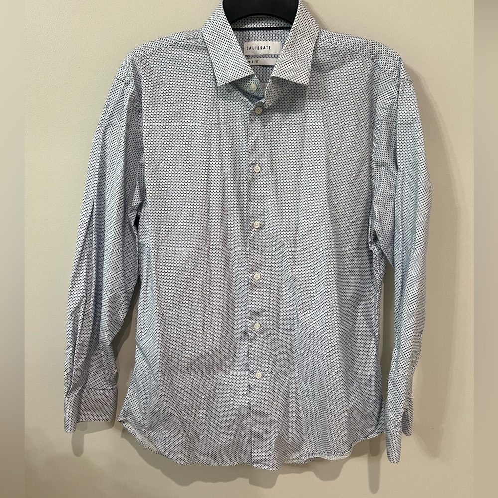 Calibrate Men's Blue Geometric Micro Print Long Sleeve Slim Fit Dress Shirt